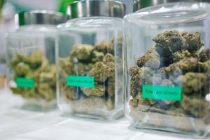 Glass jar containing cannabis flower with strain labeling indicating regulated classification and retail compliance standards. Visual connects to dispensary operations, product traceability systems, THC potency transparency, legal cannabis branding strategy, pharmaceutical-grade packaging, and structured commercialization in global markets.